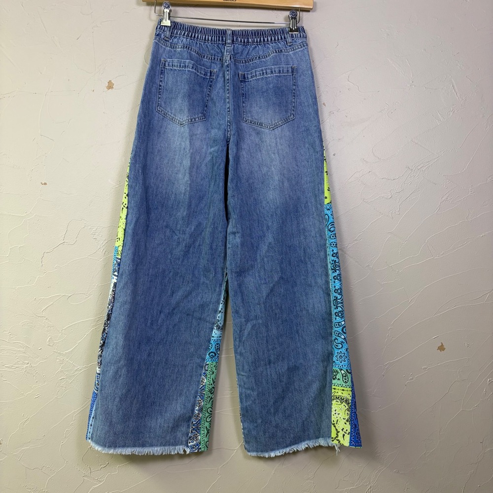 Sage Fig Wide Leg Jeans Womens Small Blue Paisley Patchwork Pleated Raw Hem Boho - Picture 2 of 12